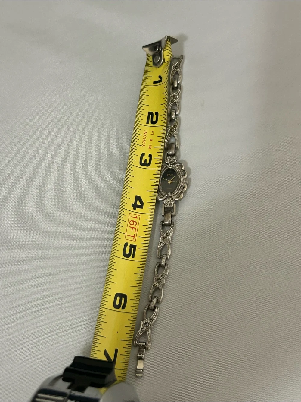1928 Silver-Tone Floral Link Bracelet Watch with Black Dial
